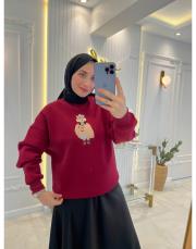 bordo taş işleme teddy baskı şardonlu sweatshirt