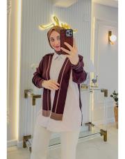 kahve şal yaka triko çizgili poplin gömlek