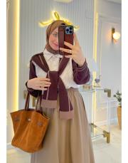 kahve şal yaka triko çizgili poplin gömlek 2