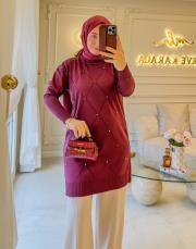 mürdüm baklava desen taşlı triko tunik