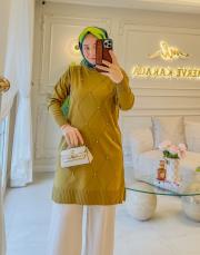 yağ yeşili baklava desen taşlı triko tunik