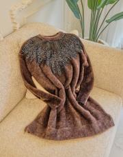 acı kahve ön sipariş boncuk işlemeli yaka angora tunik