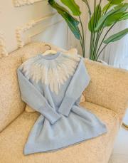 mavi ön sipariş boncuk işlemeli yaka angora tunik