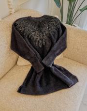 siyah ön sipariş boncuk işlemeli yaka angora tunik