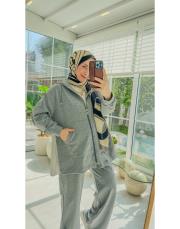 gri plise şifon takım