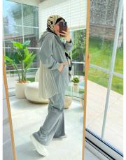 gri plise şifon takım 3