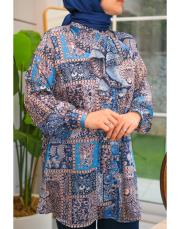 lacivert yaka volanlı şal desen gömlek 3