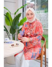 turuncu yaka volanlı şal desen gömlek