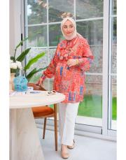 turuncu yaka volanlı şal desen gömlek 2