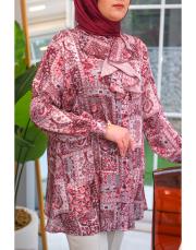bordo yaka volanlı şal desen gömlek 2