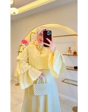 pastel sarı 22860 kat kat volan kollu takım