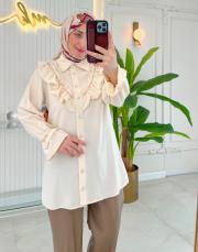 bej 314 ruffle taş yaka gömlek